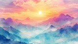 Fototapeta  - Sunset mountain valley with mist - Artistic representation of a mountain valley during sunset, conveying warmth and the sublime beauty of nature