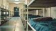 Empty dormitory room with rows of metal bunk beds and blue mattresses