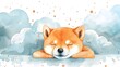 Whimsical Shiba Inu Pup Napping Amidst Dreamy Watercolor Clouds and Stars