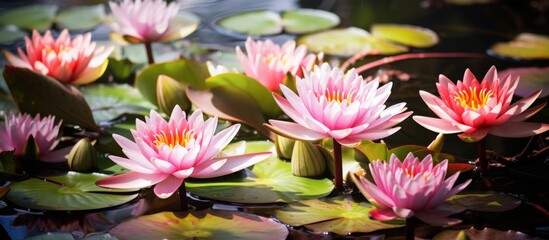 Wall Mural - Pink water lilies surrounded by vibrant green leaves float gracefully in a tranquil pond