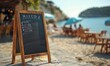 A restaurant shop A-frame mock up sign or menu boards standing in summer beach