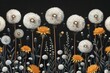 An elegant hand-drawn illustration of white wind blowing dandelion flowers on a black background. Use on fashion fabric and all printed items.