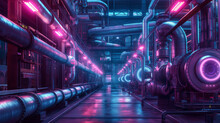 A Neon Colored Industrial Space With Pipes And Tubes