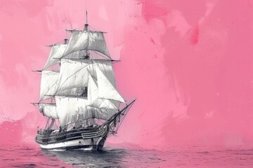 Wall Mural - An elegant seamless summer sea pattern with sailing ships on a sweet pink background. Nautical pattern modern illustration.