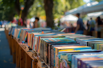 A row of books on a wooden shelf with a few people walking by. Scene is calm and peaceful, as the books are neatly arranged and the people are walking by without disturbing the scene. Generative AI