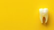 A single white molar tooth model on a bright yellow background with ample space for text or design elements