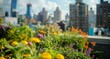 Vibrant urban garden on a rooftop, with a variety of plants and flowers against the backdrop of the city, symbolizing the reclaiming of urban spaces for nature.
