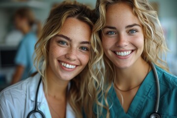 Identical twin female doctors with stethoscopes smiling, representing teamwork and professionalism in healthcare