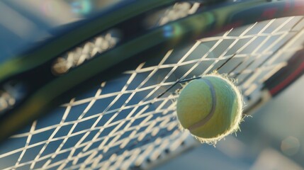 A tennis ball is on a net, and the net is made of metal