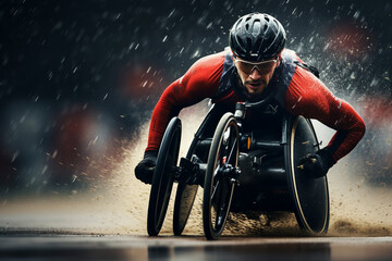 Poster - Disabled athlete participating in wheelchair sports in a stadium made with generative AI