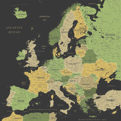 Canvas Print - Europe - Highly Detailed Vector Map of the Europe. Ideally for the Print Posters. Green Black Yellow Golden Colors