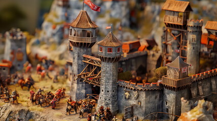 Wall Mural - Siege of Stronghold. Catapults and Siege Towers Engaged in Desperate Assault Castle