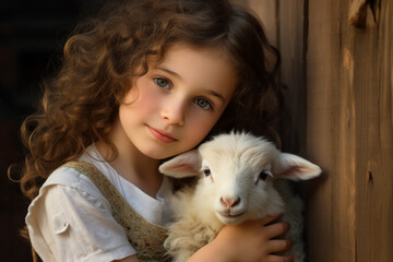 Poster - Generated with AI technology picture of cute baby hugging sheep