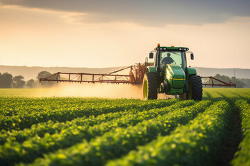 Wall Mural - Generative AI image of heavy tractor spraying pesticides on agriculture field with green plantation rows during sunset