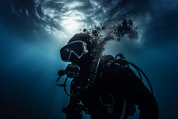 Poster - AI generated picture of diver man swimming in the deep ocean blue light under water