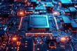 CPU on circuit board cool blue lights data transfer in action top view techno sleek style