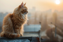 Ginger Fluffy Cat Perched On The Rooftop Against The Backdrop Of A Sunset And The Sprawling Cityscape, Enveloped In Soft, Bokeh-style Lighting, Exuding A Serene Urban Charm