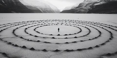 Wall Mural - Across the icy surface of the lake, a lone individual walks, their presence a solitary mark in the pristine snow.