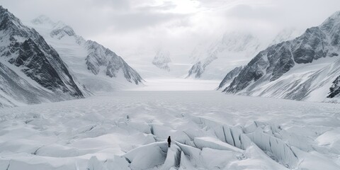 Wall Mural - Across the icy surface of the lake, a lone individual walks, their presence a solitary mark in the pristine snow.