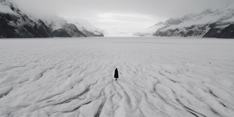 Wall Mural - Amidst the frozen stillness of a lake, a person strides confidently, their steps echoing in the crisp winter air.