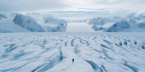 Wall Mural - Amidst the frozen stillness of a lake, a person strides confidently, their steps echoing in the crisp winter air.