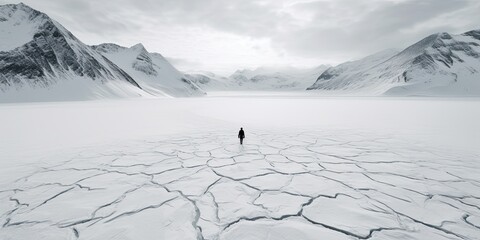 Wall Mural - Amidst the frozen stillness of a lake, a person strides confidently, their steps echoing in the crisp winter air.