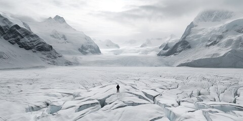Wall Mural - Amidst the frozen stillness of a lake, a person strides confidently, their steps echoing in the crisp winter air.