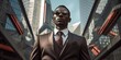 In the heart of the bustling cityscape, an African American man commands attention in his sleek suit and confident demeanor.