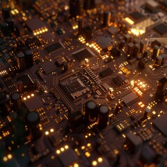 A close up of a computer chip with a city in the background