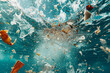 Dynamic underwater scene capturing the chaotic movement of water and scattered debris illuminated by light..