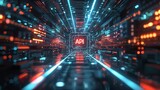 Fototapeta Przestrzenne - The artwork should showcase the letters API displayed in the center, surrounded by luminous lines, against a futuristic, abstract technologyinspired backdrop , clean sharp focus