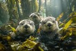 Three baby otters are swimming in a pond