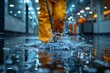 A dedicated janitor in a yellow suit is meticulously cleaning a flooded floor with a mop inside a building, water splashing around him