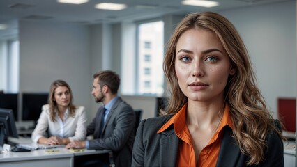 Portrait of confident businesswoman looking at camera in office with colleagues in the background