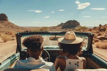 Couple Driving Convertible In Scenic Desert With Mountains In Distance, Creating Memories Of Freedom And Adventure.