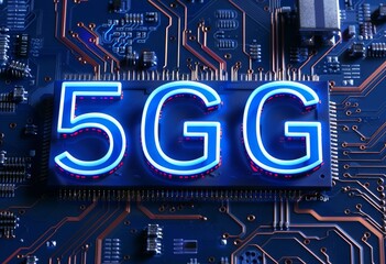 Fototapete - Futuristic microchip with glowing 5G connectivity symbol on a circuit board background