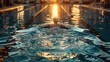 A woman swims in a pool with the sun setting in the background
