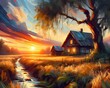 Painting of beautiful landscape with old house, big tree and little stream during sunset