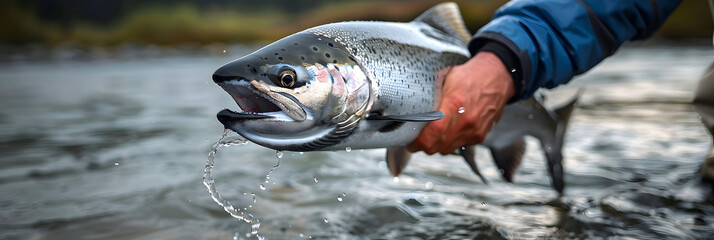 Wall Mural - Fresh caught large Coho salmon fish being held by a fisherman above the river water in Washington State. The Pacific Northwest hosts a large salmon run every year.