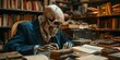 Skeleton in formal attire reading a book at a cluttered desk in a study surrounded by shelves filled with books. Concept Halloween Decor, Skeleton Figurine, Spooky Study, Bookshelves, Formal Attire