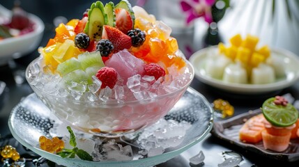 The Korean dish Patbins dessert is made from crushed ice and with various sweet additives: sliced fruits, condensed milk, fruit syrup, ice cream.