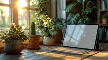 A Tablet With A Blank Screen Is Placed On The Table, Nearby There Is A Pot Of Mini Cactus Flowers Located Near The Window, Ai Generated Images