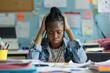 © evgenia_lo - African American female student holding her head in frustration over schoolwork at a desk.
