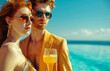 Beautiful young couple in stylish sunglasses near a swimming pool 