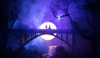 couple in love on the background of the moon. boy and girl on the bridge of lovers