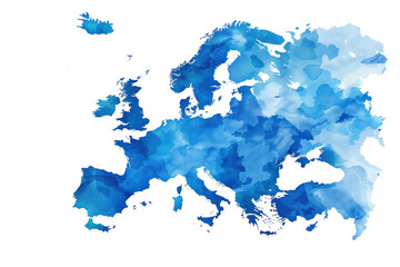 An abstract blue watercolor map of europe illustration made by paint splashes isolated on white background.