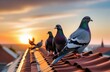 Close-up. Pigeons sit on a roof in the city at sunset. Pigeons in the wild