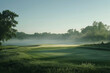 A golf course blanketed in morning mist, creating a serene atmosphere.