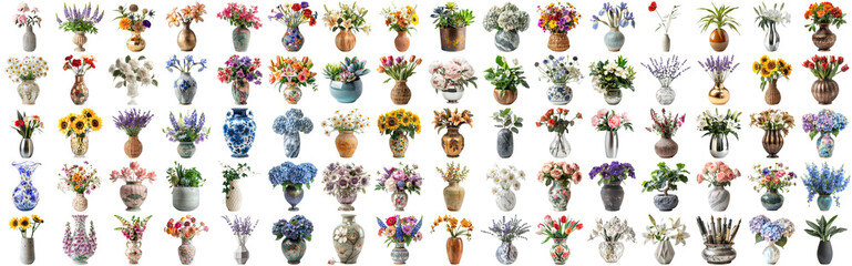 Wall Mural - Many flower and plant in vase set of different flower and docoration style of red rose, gebera, sunflower, aloe vera, lavender, orchid and many more flowers, isolated on transparent background AIG44