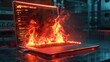A futuristic laptop with advanced cooling technology failing and catching fire during a critical task, set in a hightech lab environment